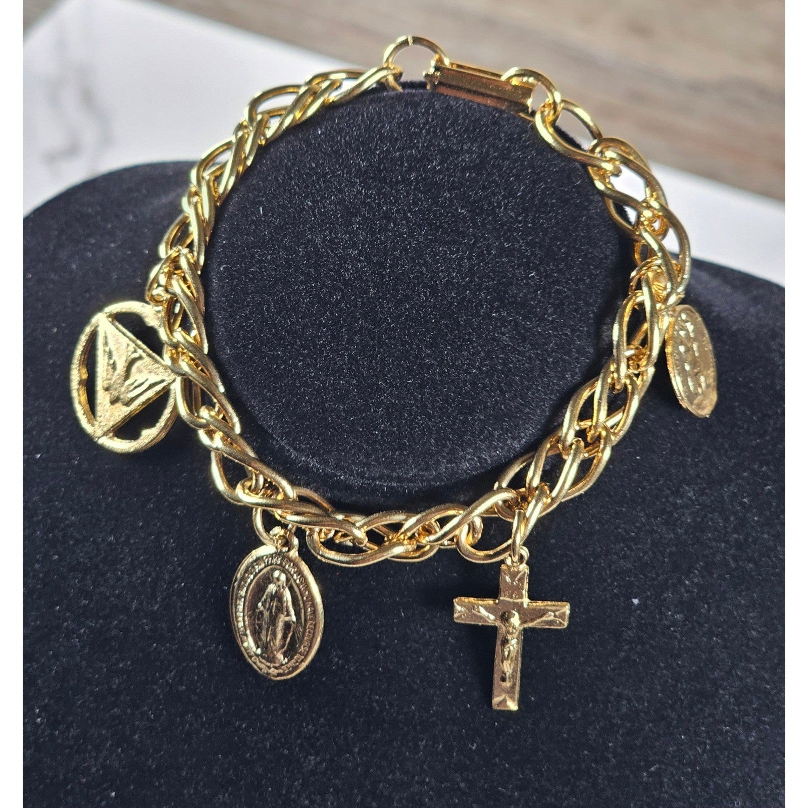 Vintage Gold Tone Religious Charm Bracelet Cross Medal Coin