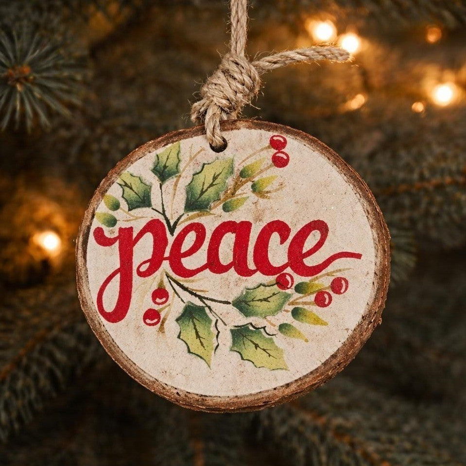 Rustic Wood Slice Ornament Peace Holly Berries Christmas Decor