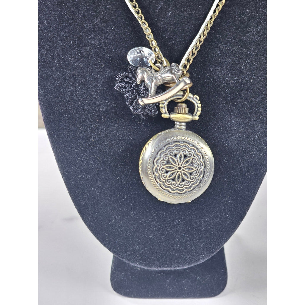 Vintage Pocket Watch Necklace Rocking Horse Charm Long Chain