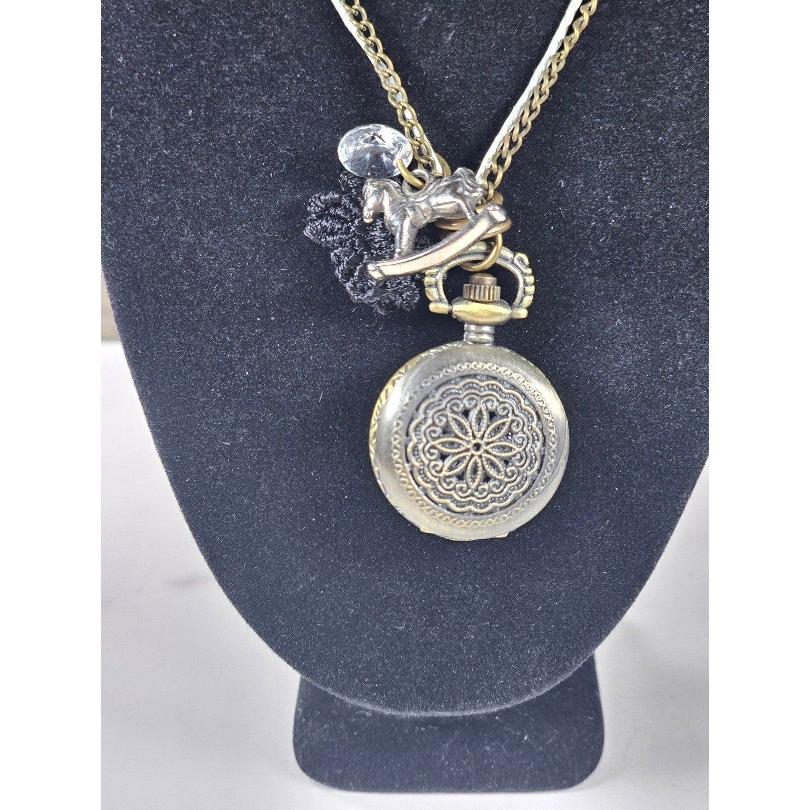 Vintage Pocket Watch Necklace Rocking Horse Charm Long Chain