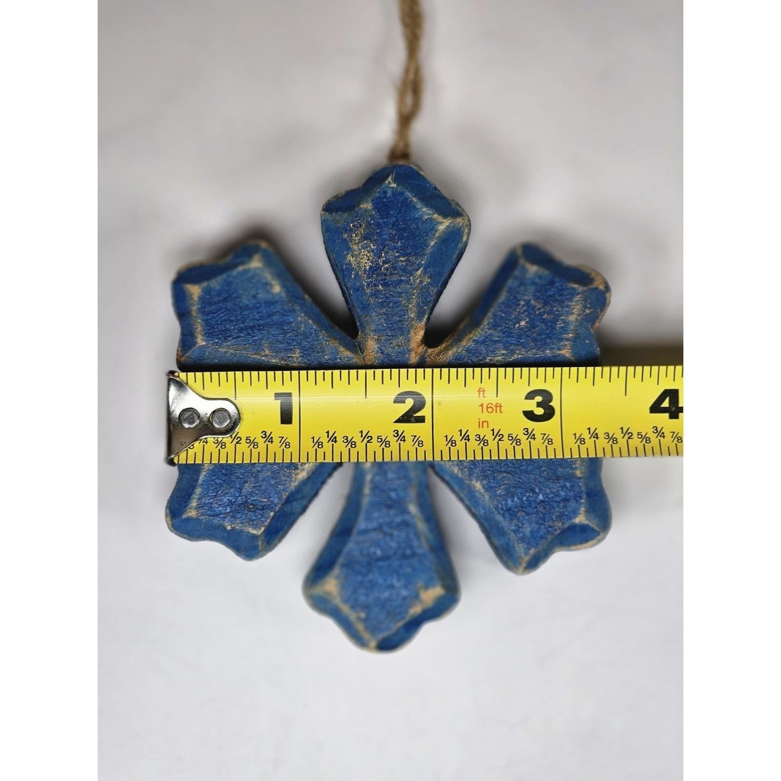 Rustic Blue Snowflake Ornaments Set of 3 Wood Farmhouse Christmas Decor