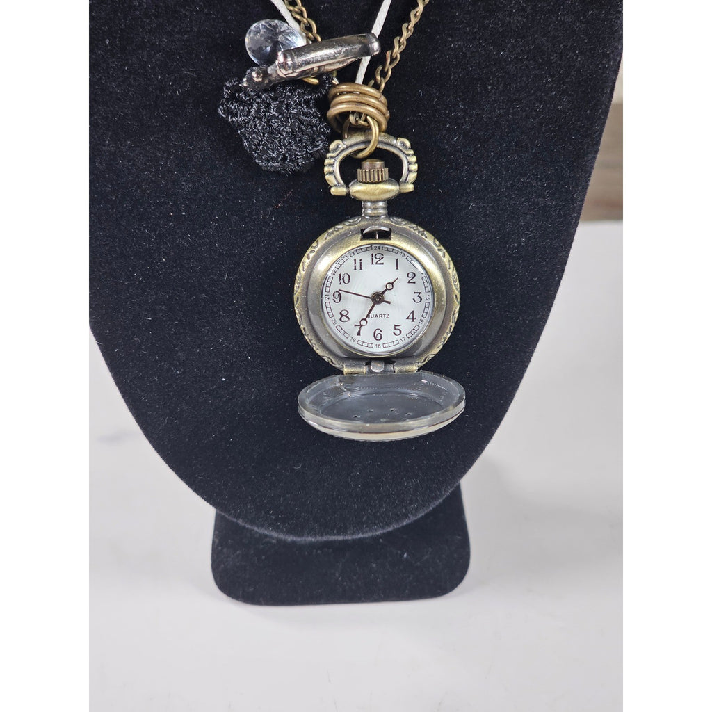 Vintage Pocket Watch Necklace Rocking Horse Charm Long Chain