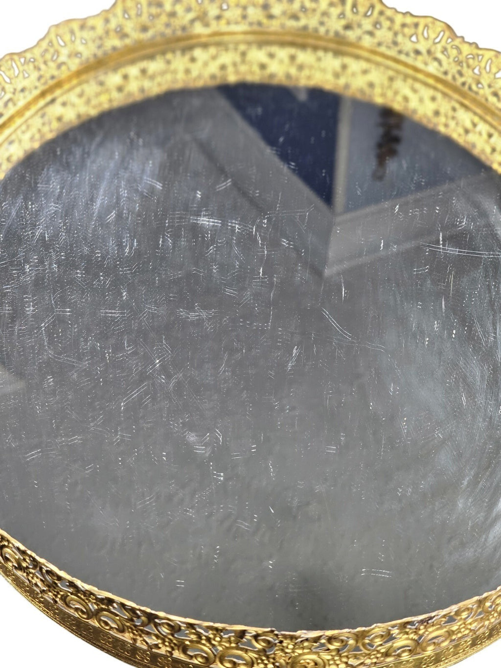 Vintage Oval Mirror Vanity Tray With Ornate Gold Filigree Design