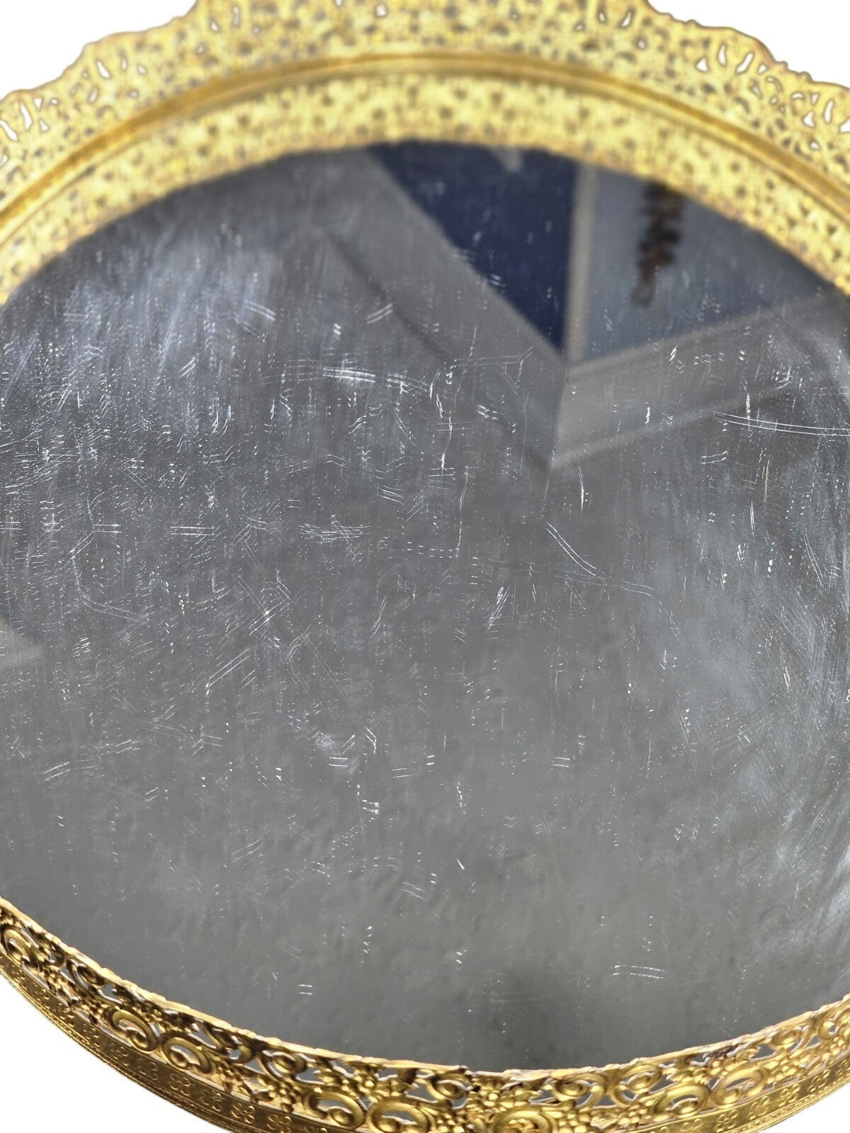 Vintage Oval Mirror Vanity Tray With Ornate Gold Filigree Design
