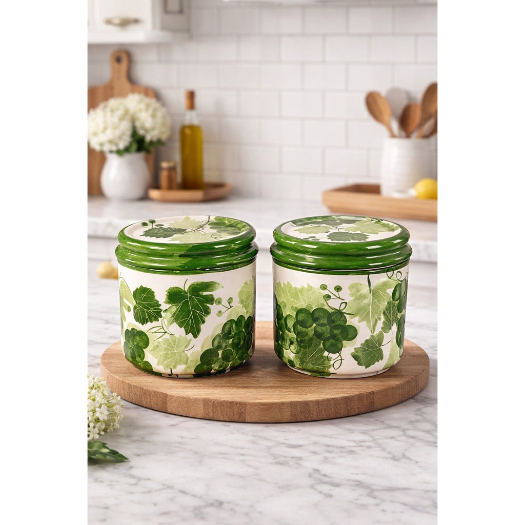 Vintage Grape Leaf Canisters with Lids – Set of 2 – Green Ceramic