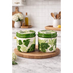 Vintage Grape Leaf Canisters with Lids – Set of 2 – Green Ceramic