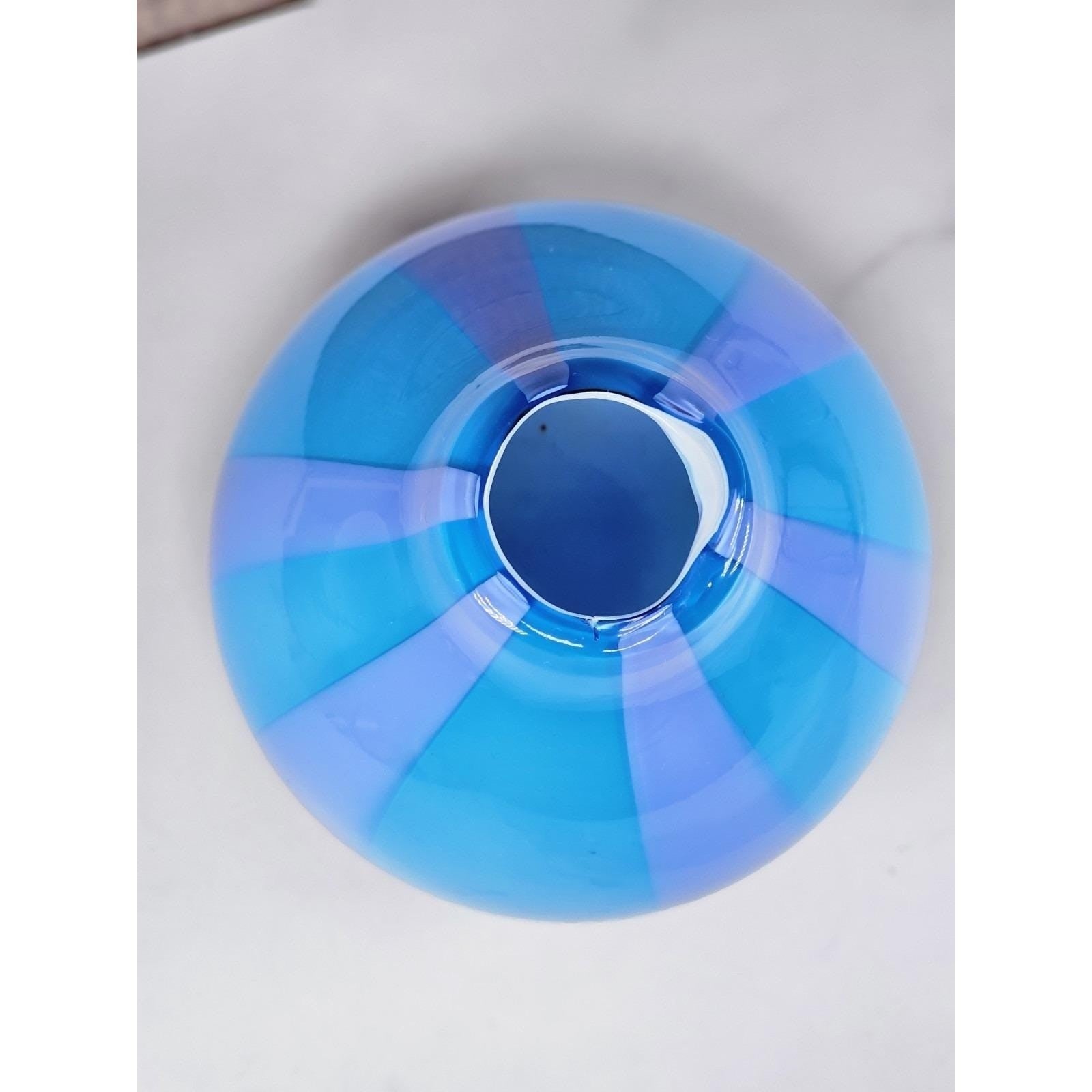 Hand Blown Cased Glass Vase Blue Purple Striped Circus Tent Pattern