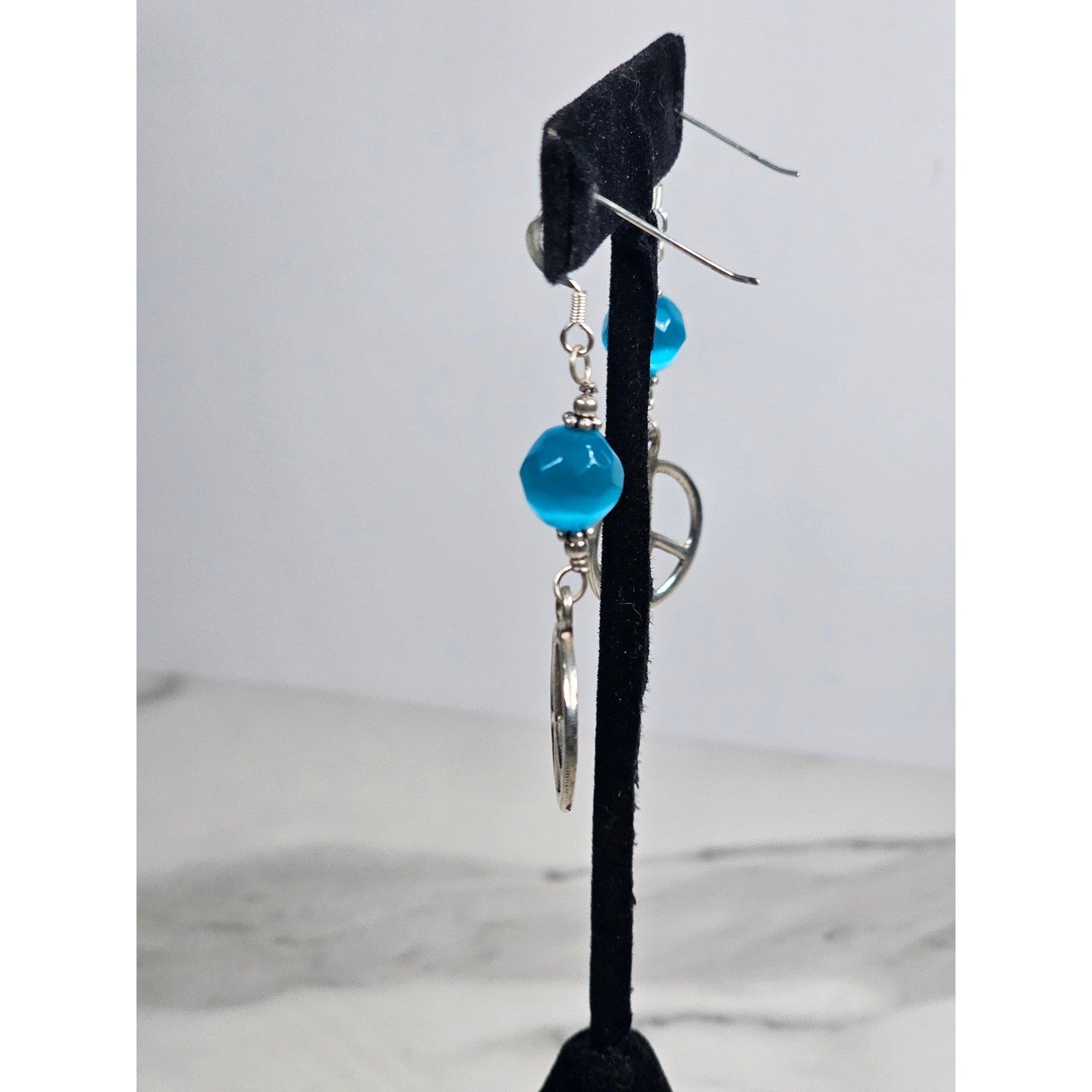 Vintage Sterling Silver Peace Sign Dangle Earrings Blue Bead .925