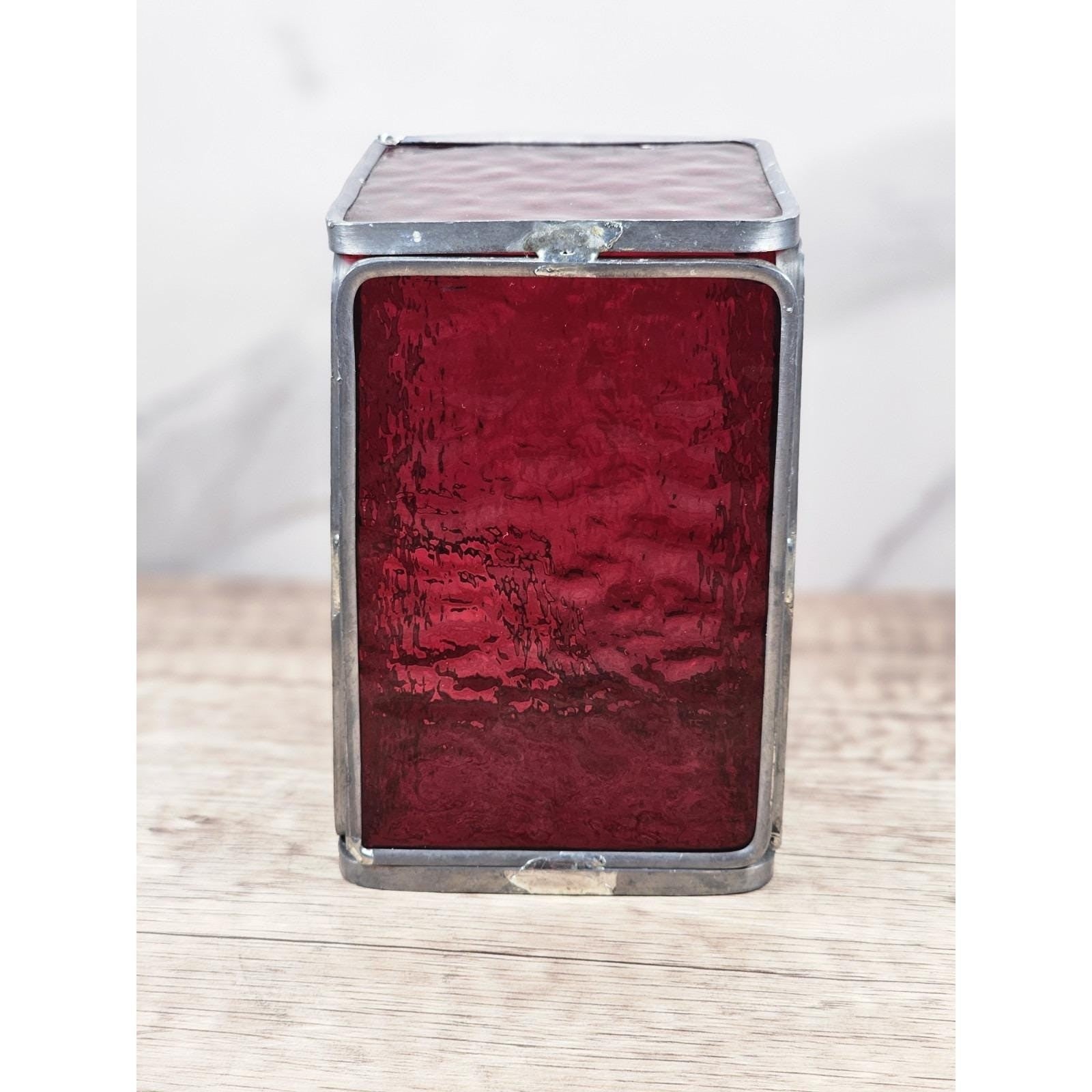 Vintage Red Stained Glass Cube Decor Metal Frame Textured Panels