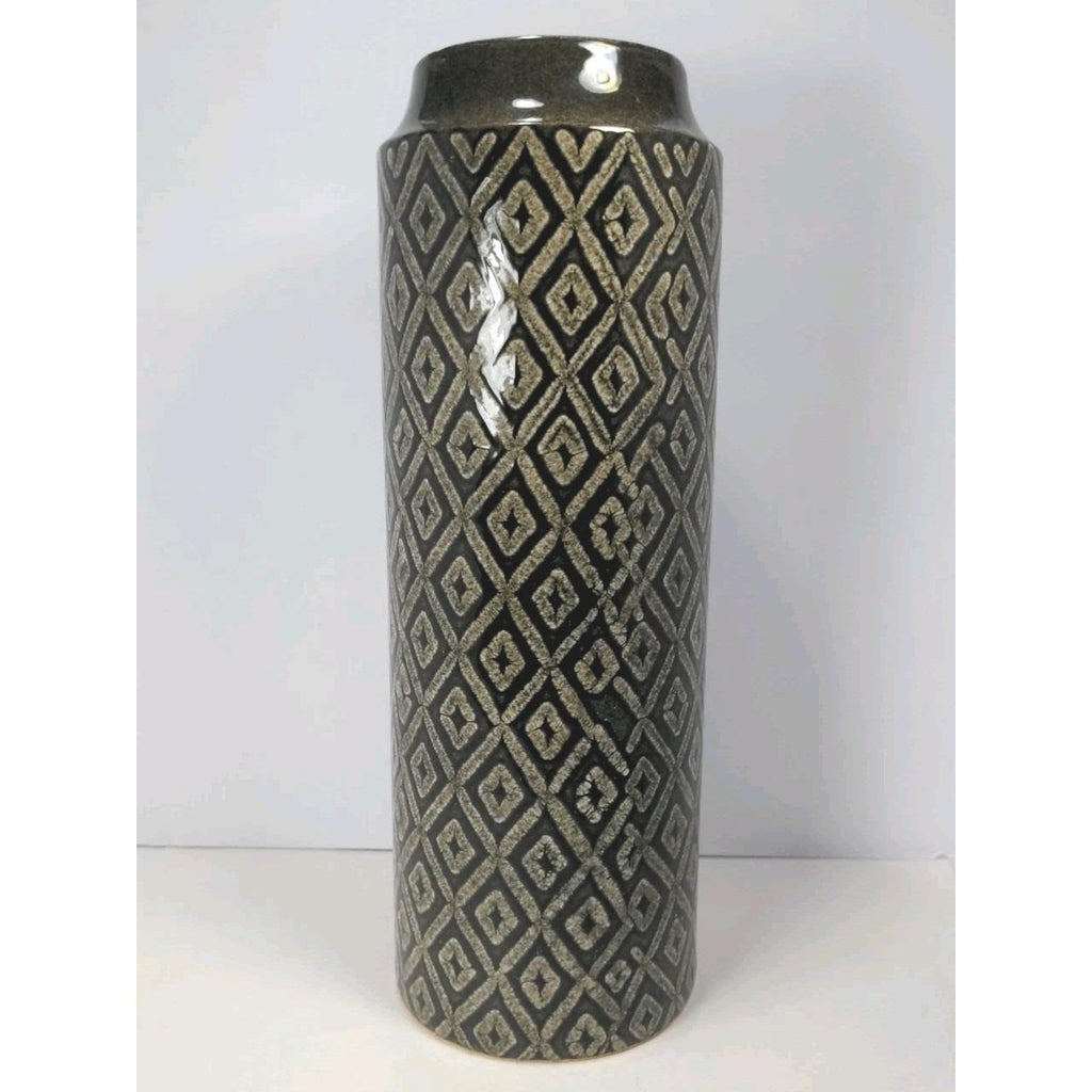 Vintage Black White Diamond Glass Vase Tall 15.6" Geometric Pattern