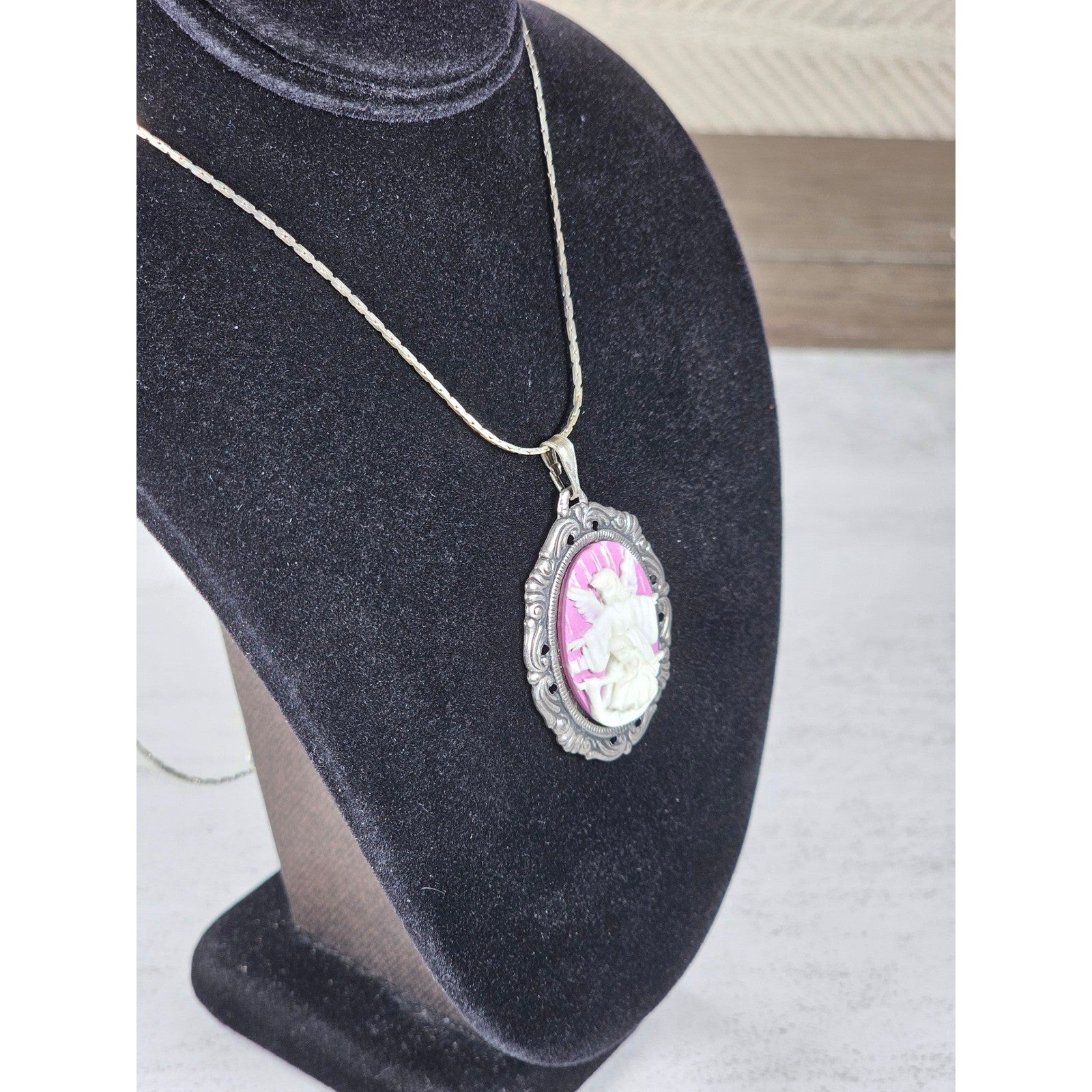Vintage Angel Cameo Pendant Necklace Pink Relief Oval Frame