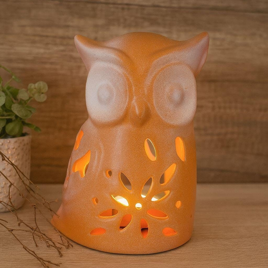 Vintage Ceramic Owl Tealight Holder Orange White Cutout Candle Decor