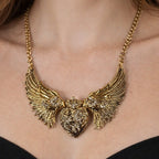 Vintage Gold Tone Winged Heart Rhinestone Statement Necklace
