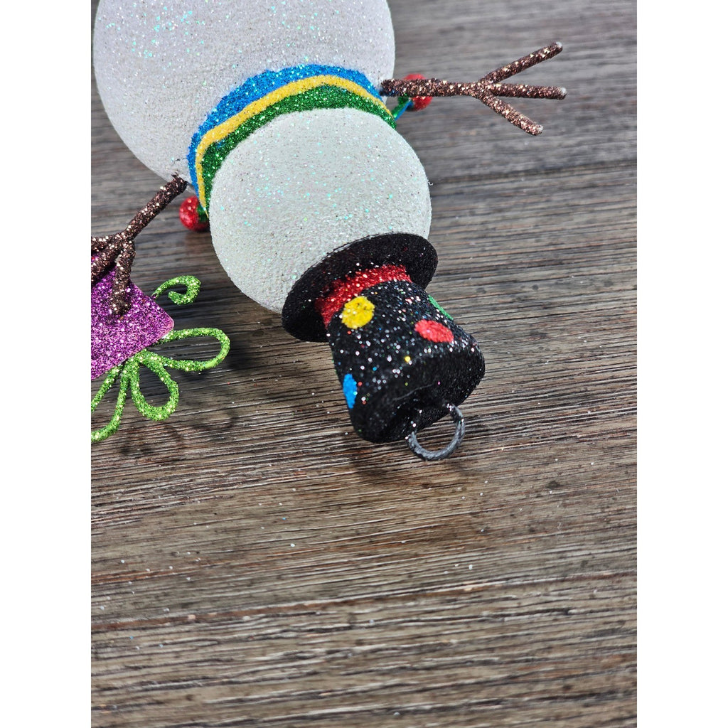 Vintage Glitter Snowman Christmas Ornament Holding Gift