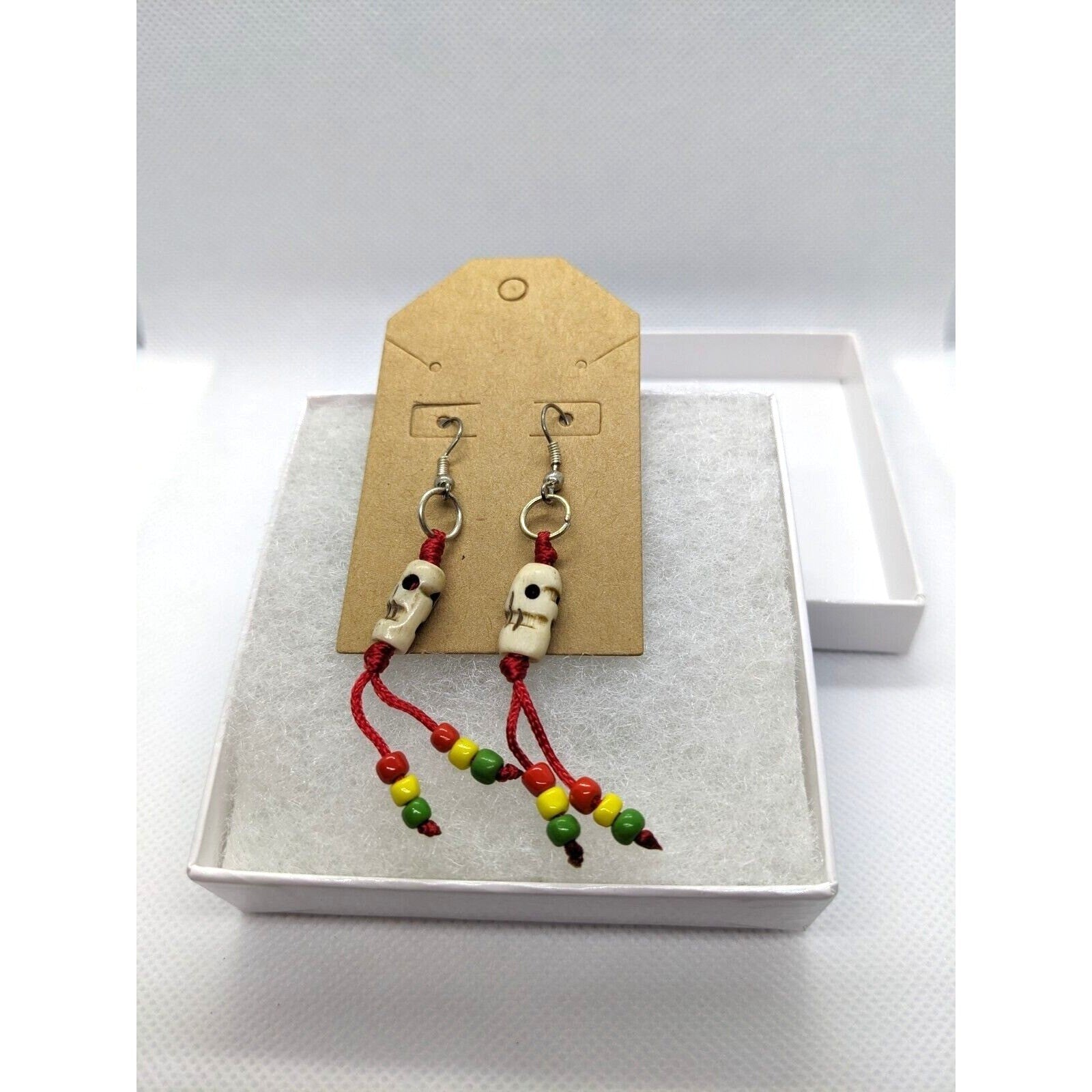 Pair of Handmade Buffalo Bone Skull Dangle Earrings Vintage Tribal Style