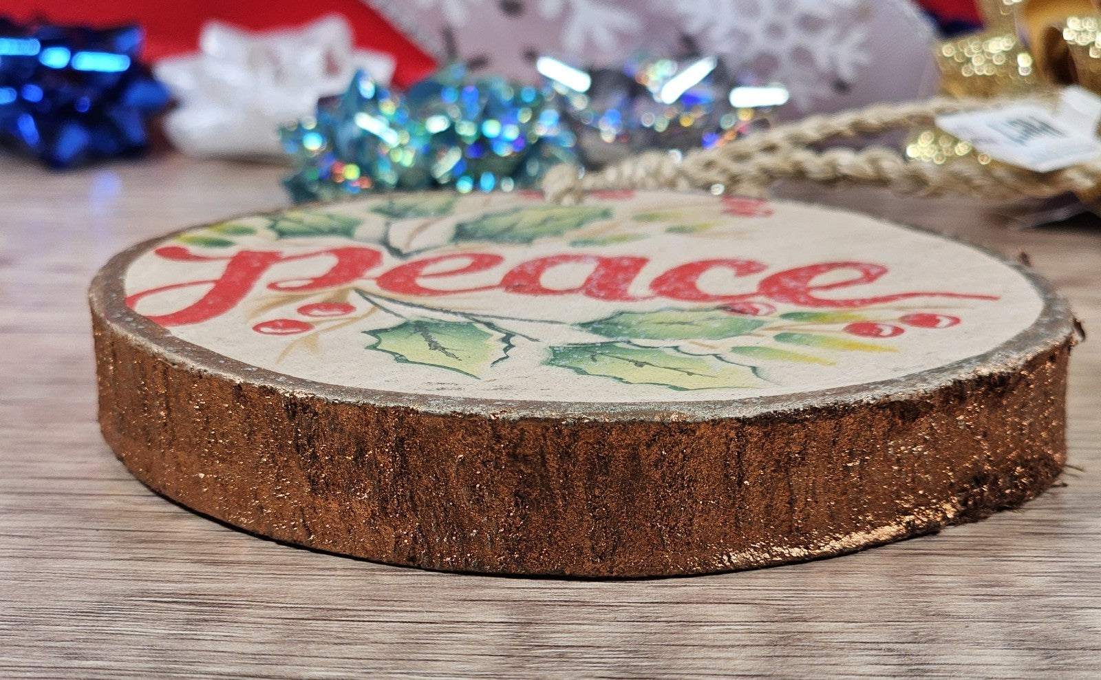 Peace Holly Berry Wood Slice Christmas Ornament By Pier 1
