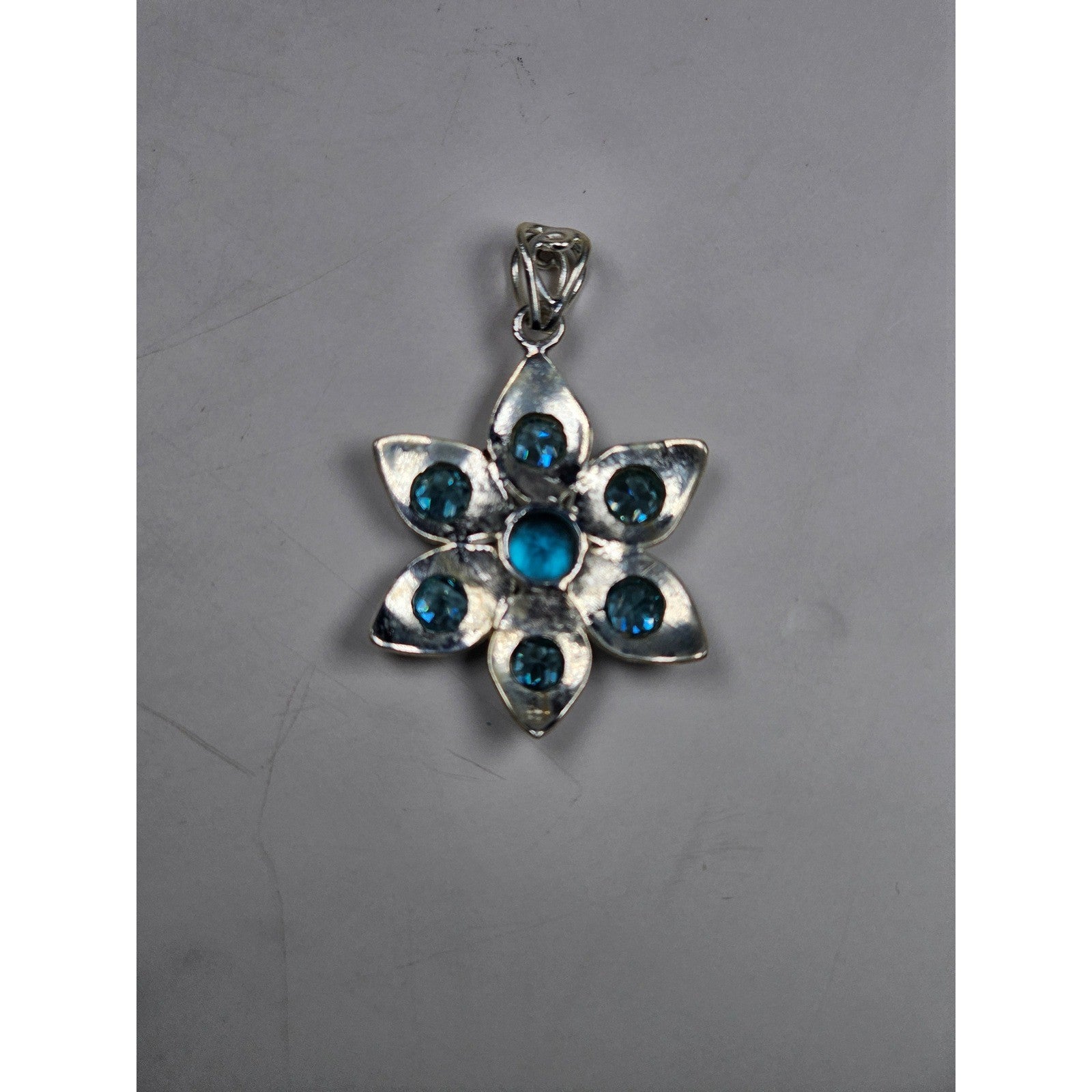 Vintage Sterling Silver Blue Stone Flower Pendant .925 Floral Necklace Charm