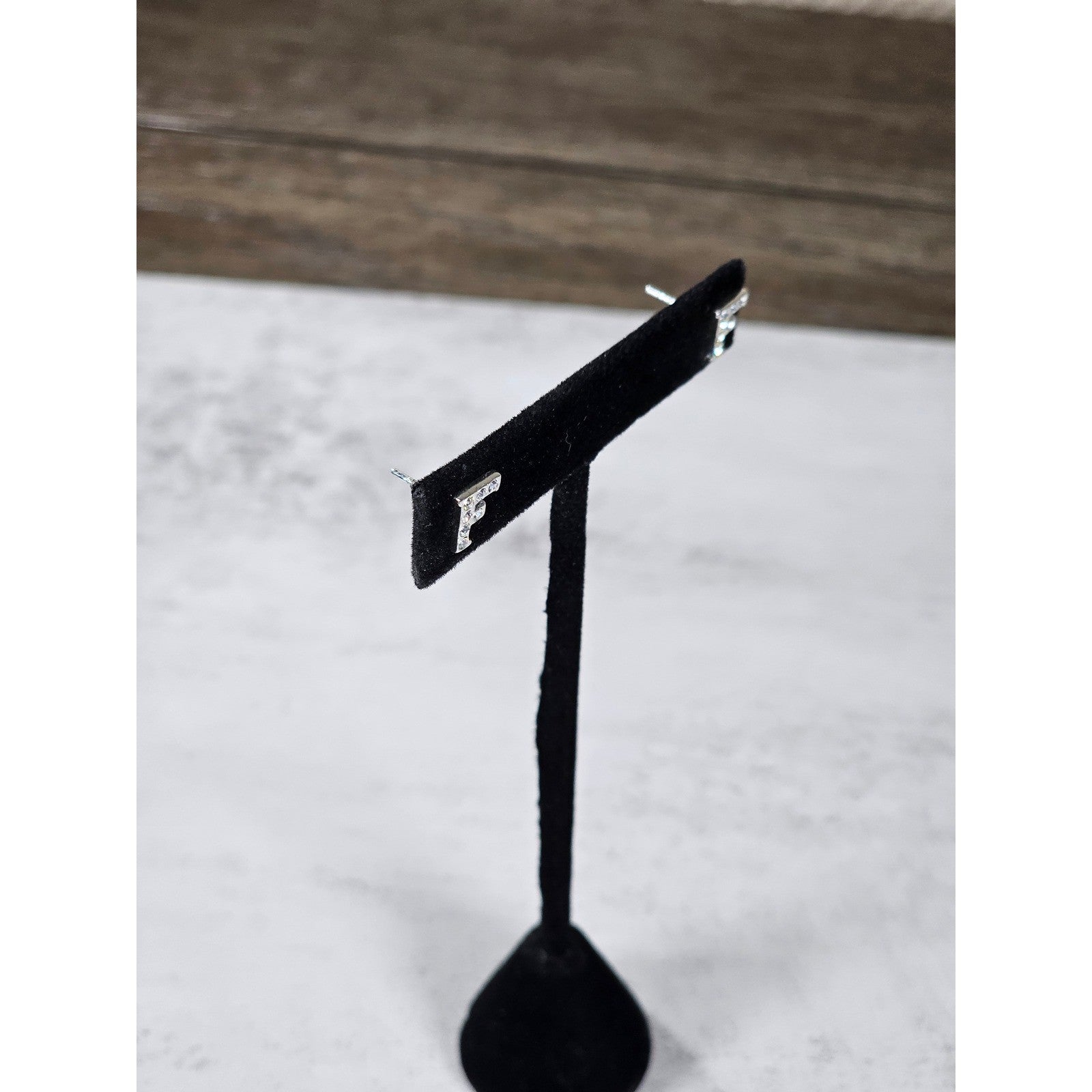 Vintage Rhinestone F Stud Earrings Silver Tone Initial Letter Posts