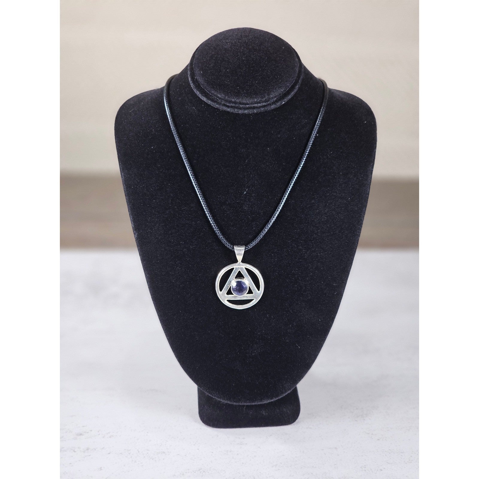 Vintage Sterling Silver Triangle Pendant w Purple Stone