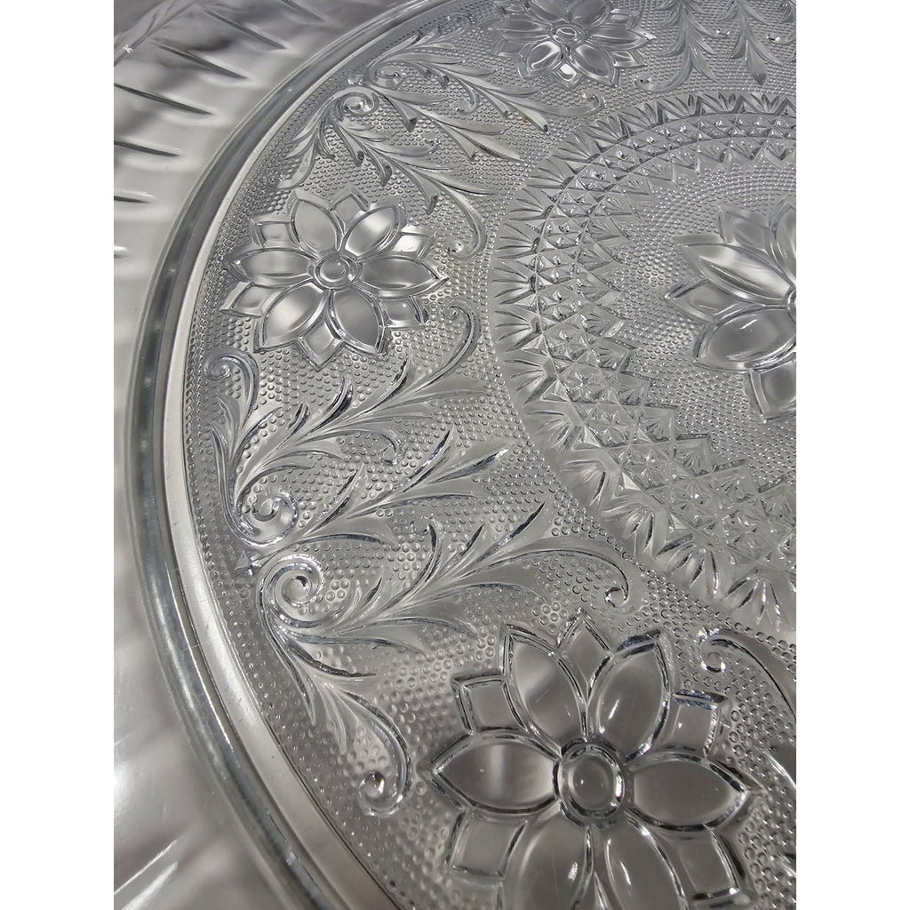 Vintage Pressed Glass Floral Cake Stand Round Serving Tray 13 Inch
