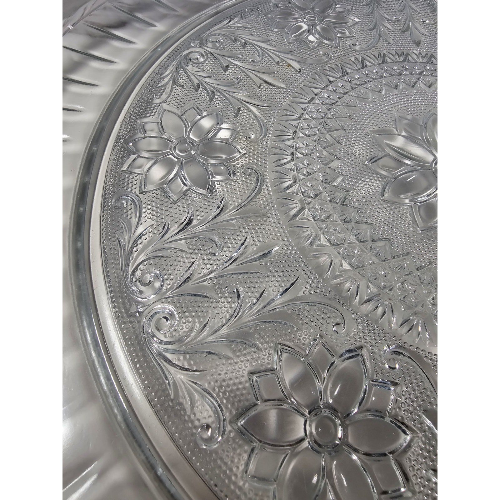 Vintage Pressed Glass Floral Cake Stand Round Serving Tray 13 Inch