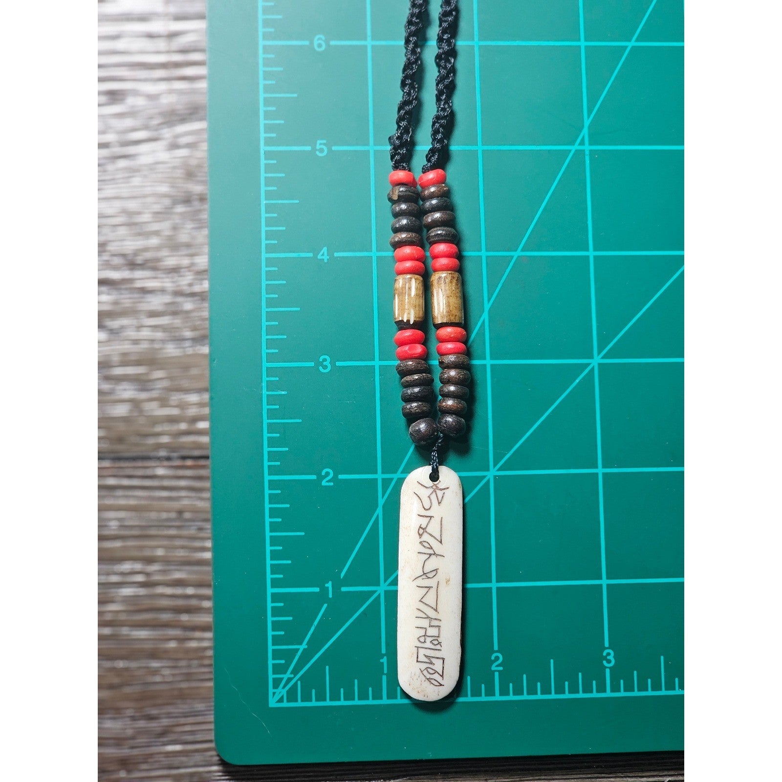 Vintage Tribal Script Pendant Necklace Wood & Red Beads
