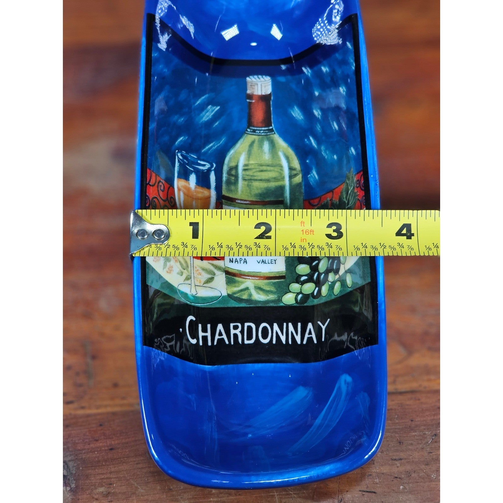 Blue Ceramic Wine Bottle Shaped Serving Dish with Chardonnay Scene NAPA VALLEY