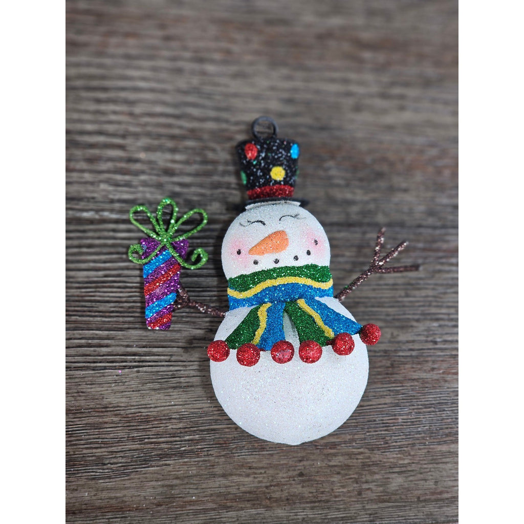 Vintage Glitter Snowman Christmas Ornament Holding Gift