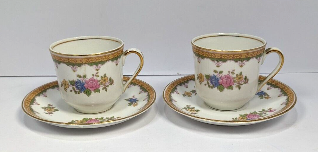 Vintage Set of Two Pope Gosser Saucer and Tea Cups With Gold Trim