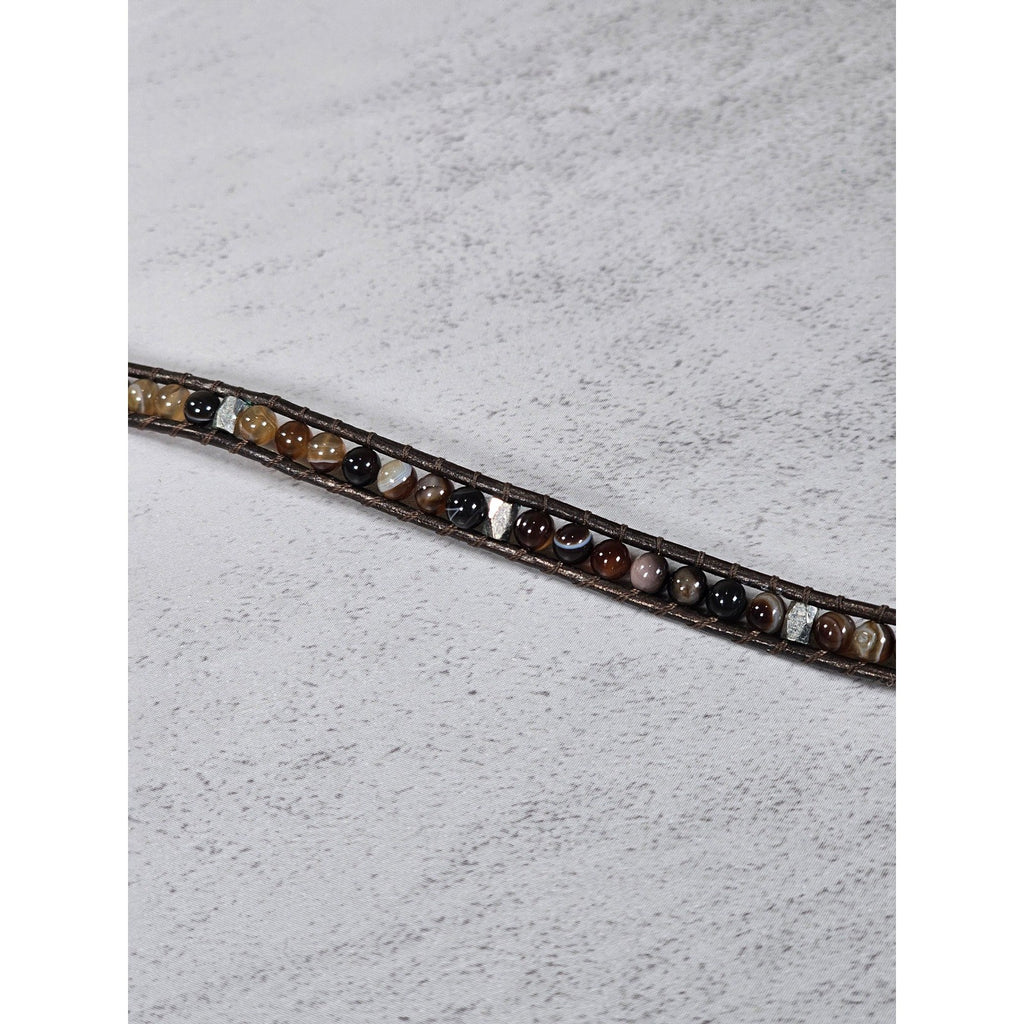 Brown Beaded Wrap Bracelet Leather Cord Multi Tone Stone Boho
