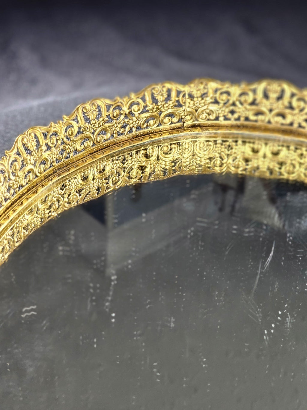 Vintage Oval Glass Mirror Vanity Tray 16 X 12 Ornate Gold-Tone Frame