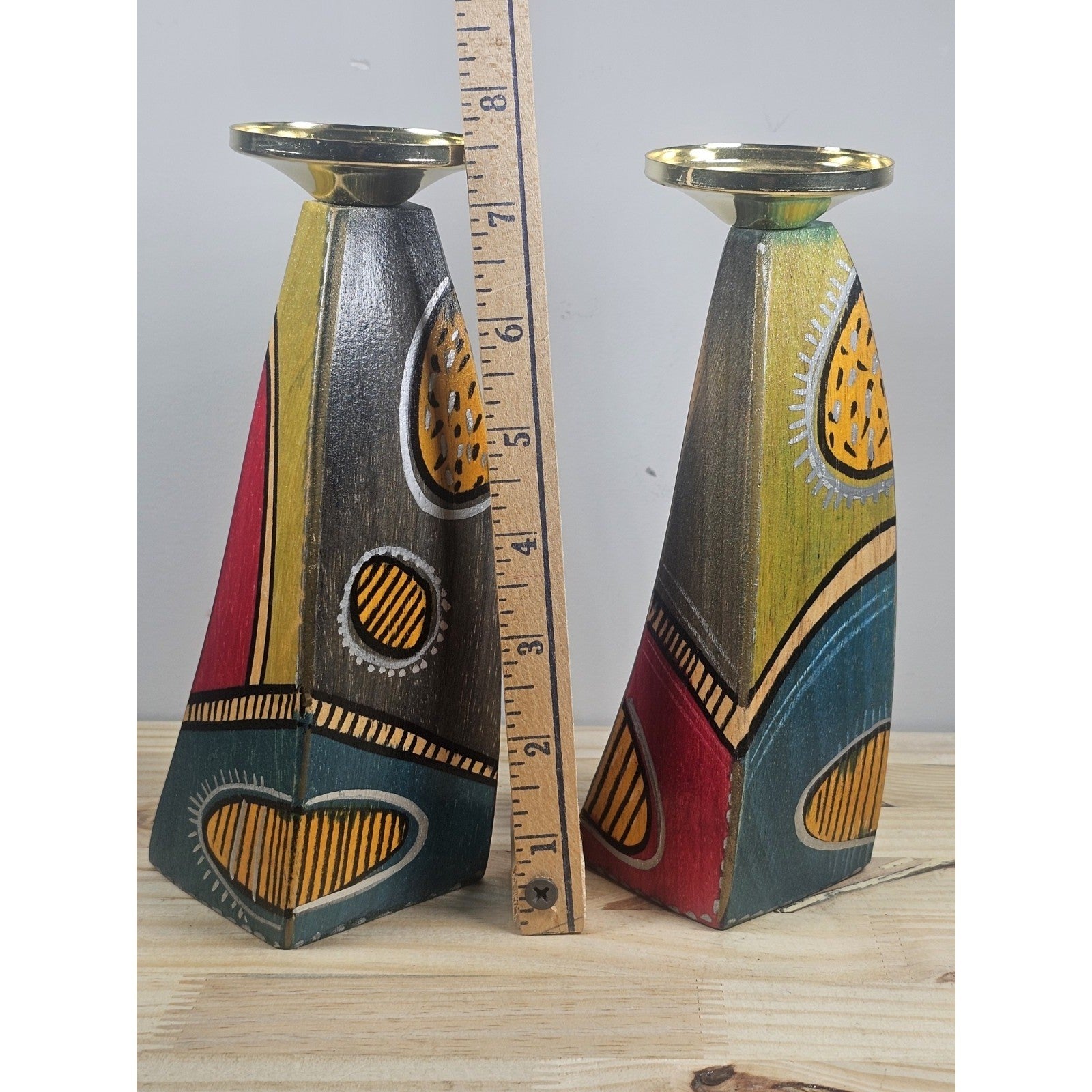 Kakadu Art Candlesticks Set of 2 Signed Reut S Wood Brass 8 Inch