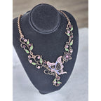 Vintage Butterfly Necklace Earring Set Purple Green Floral Gold Tone