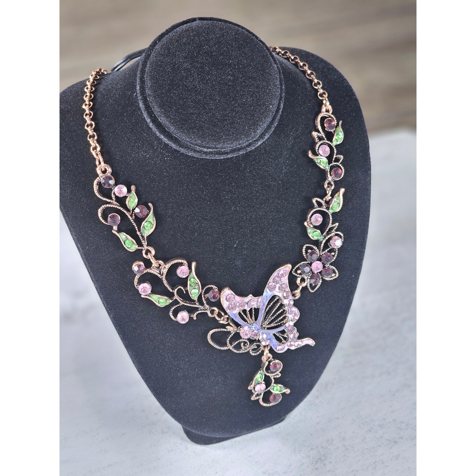 Vintage Butterfly Necklace Earring Set Purple Green Floral Gold Tone