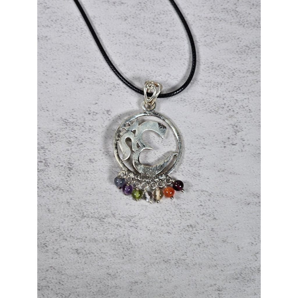 Vintage Sterling Om Pendant Necklace with Chakra Bead Fringe
