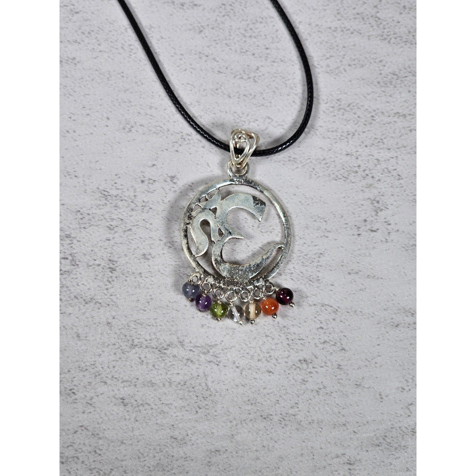 Vintage Sterling Om Pendant Necklace with Chakra Bead Fringe