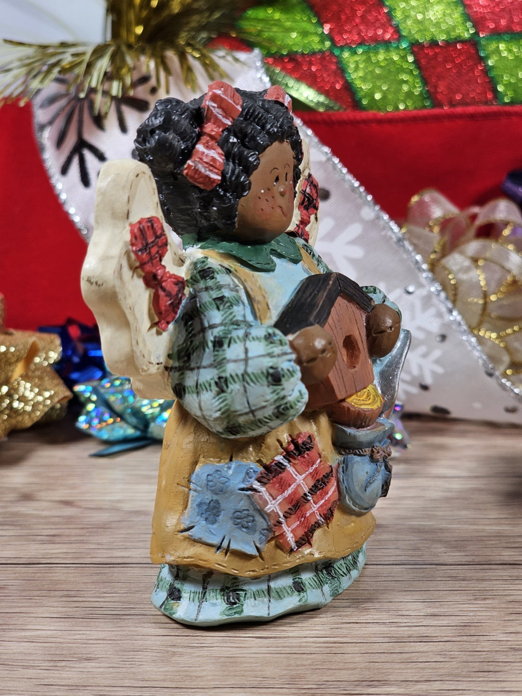 Vintage 90s Angel Figurine Holding Birdhouse 3"