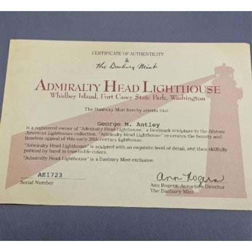 Danbury Mint Admiralty Head Lighthouse 1992 COA Coastal Decor