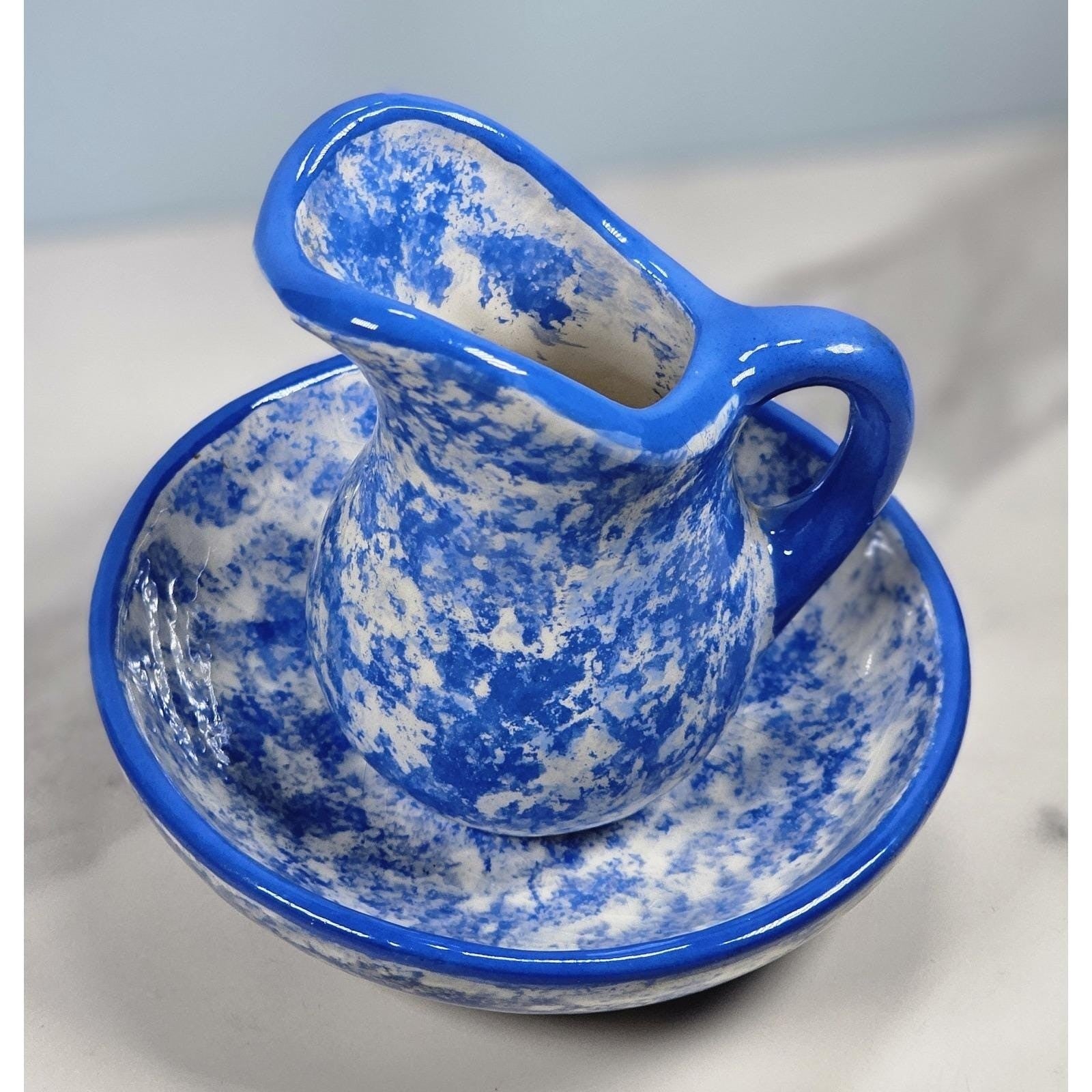 Vintage Blue & White Spongeware Pitcher and Bowl Set Rustic Pottery