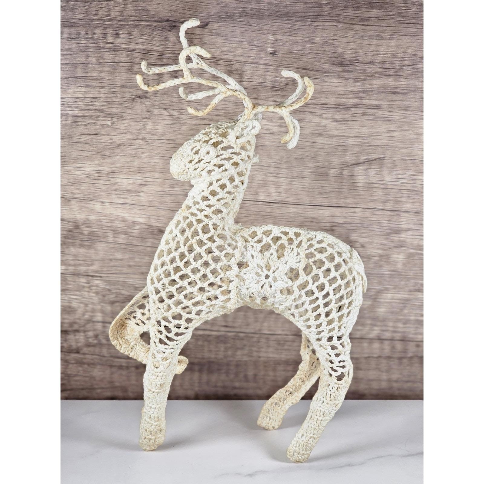Handmade Crocheted Reindeer Figurine White Vintage 1970s Holiday Decor