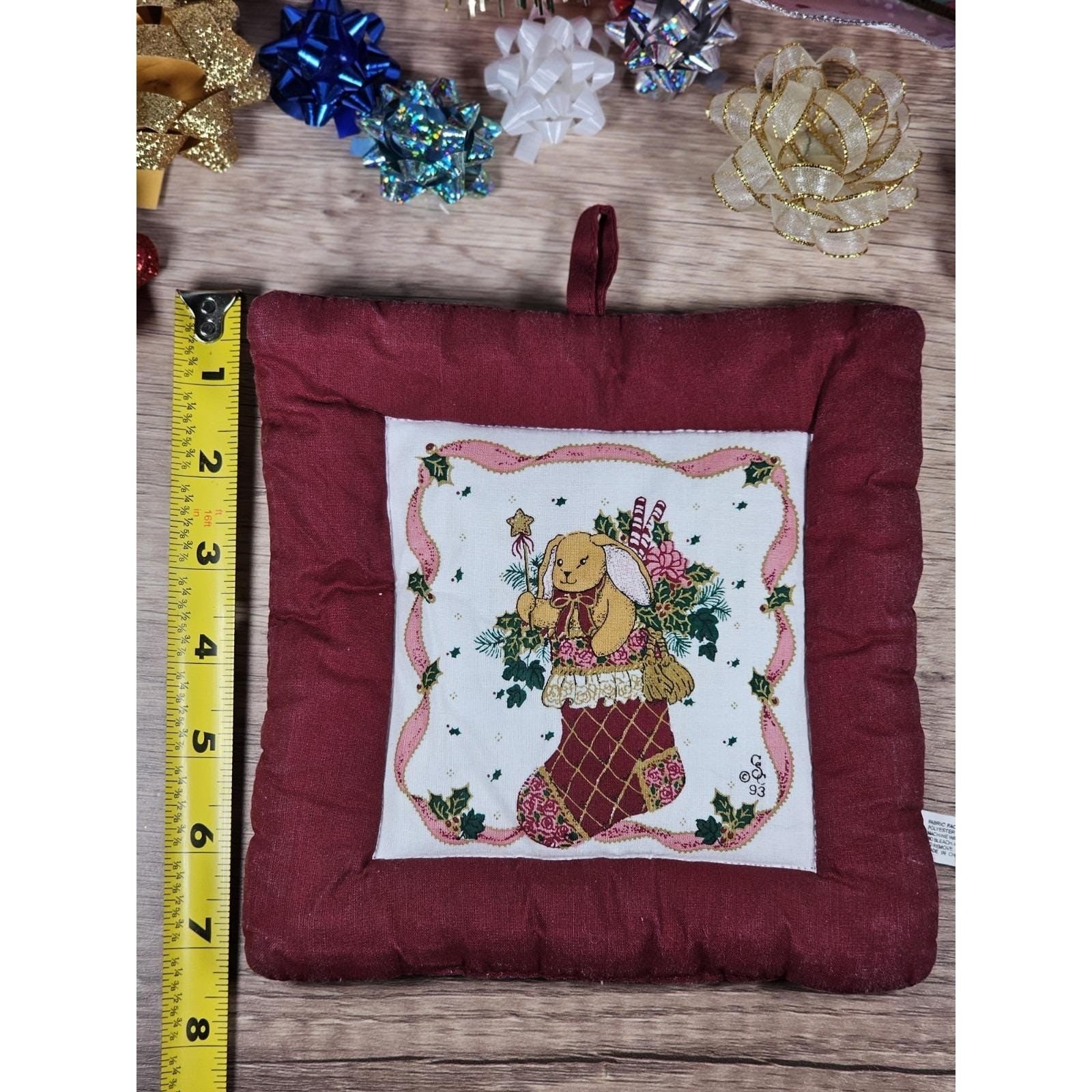 Handmade Quilted Bear Ornament Stocking Burgundy Christmas Decor