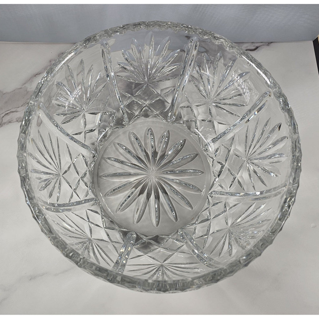 Vintage Cut Crystal Glass Bowl Starburst Pattern Scalloped Rim 9 Inch