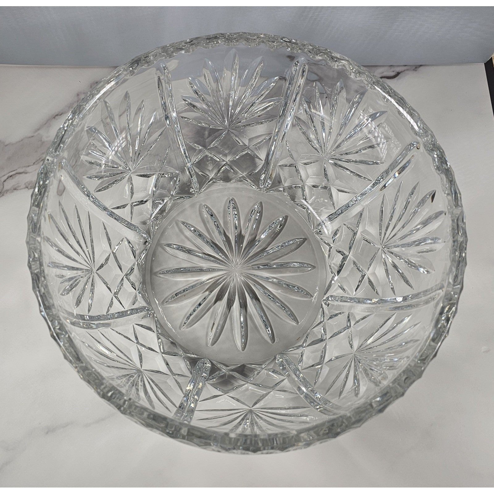 Vintage Cut Crystal Glass Bowl Starburst Pattern Scalloped Rim 9 Inch