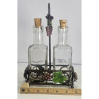 Vintage Oil Vinegar Cruet Set Glass Bottles Metal Caddy