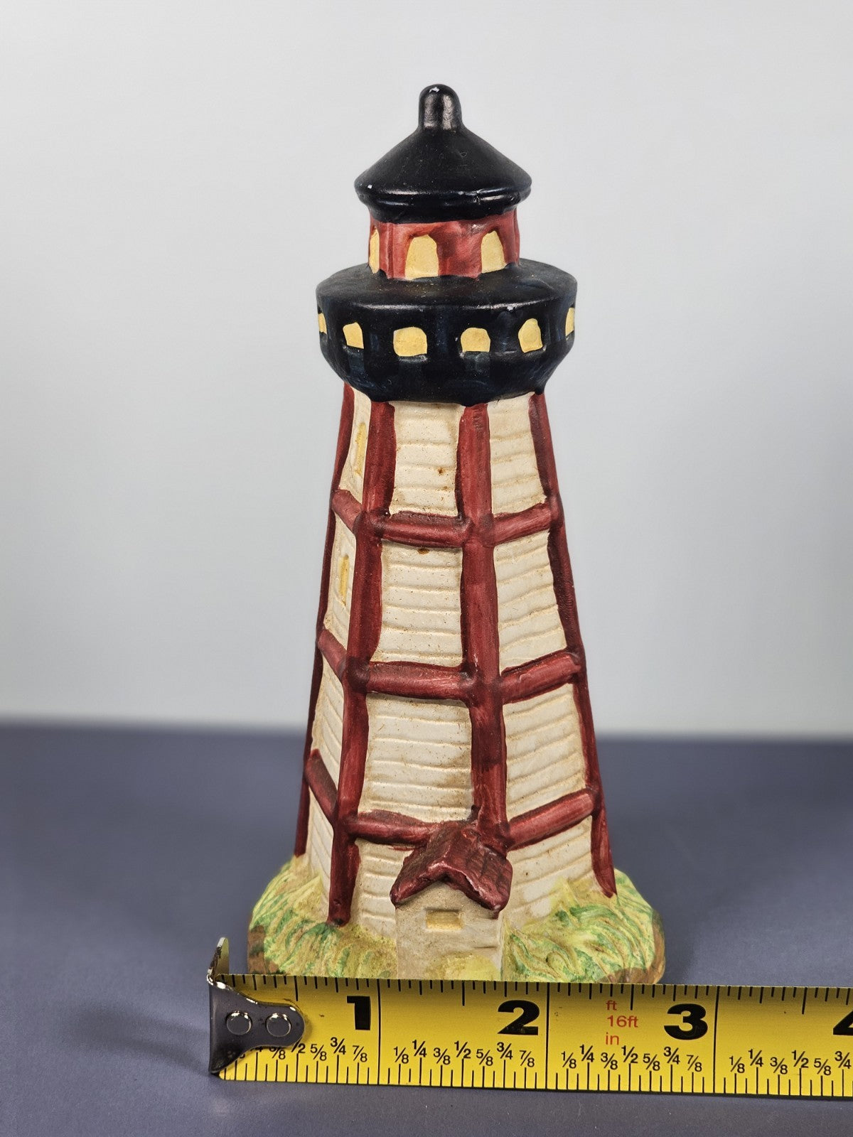 Vintage Ks Collection Beige Wood Design Red Stripe Design Lighthouse 6" Tall C