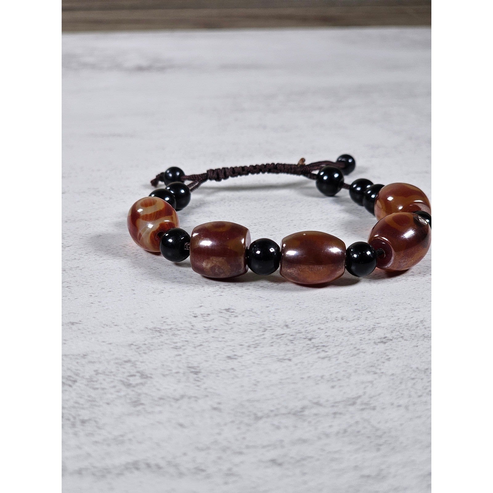 Red Orange Agate Style Beaded Bracelet Adjustable Cord Black Beads