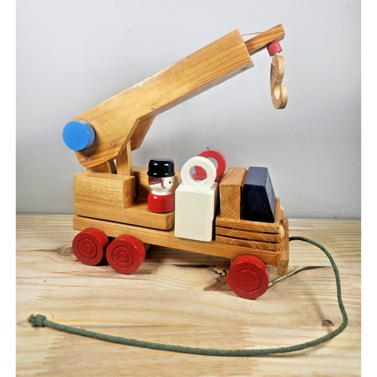 Vintage Wooden Construction Crane Truck Toy 1950s Extendable Arm Pull Toy