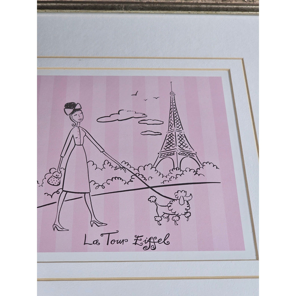 Vintage Paris Eiffel Tower Art Print Framed 13x13 French Poodle Illustration