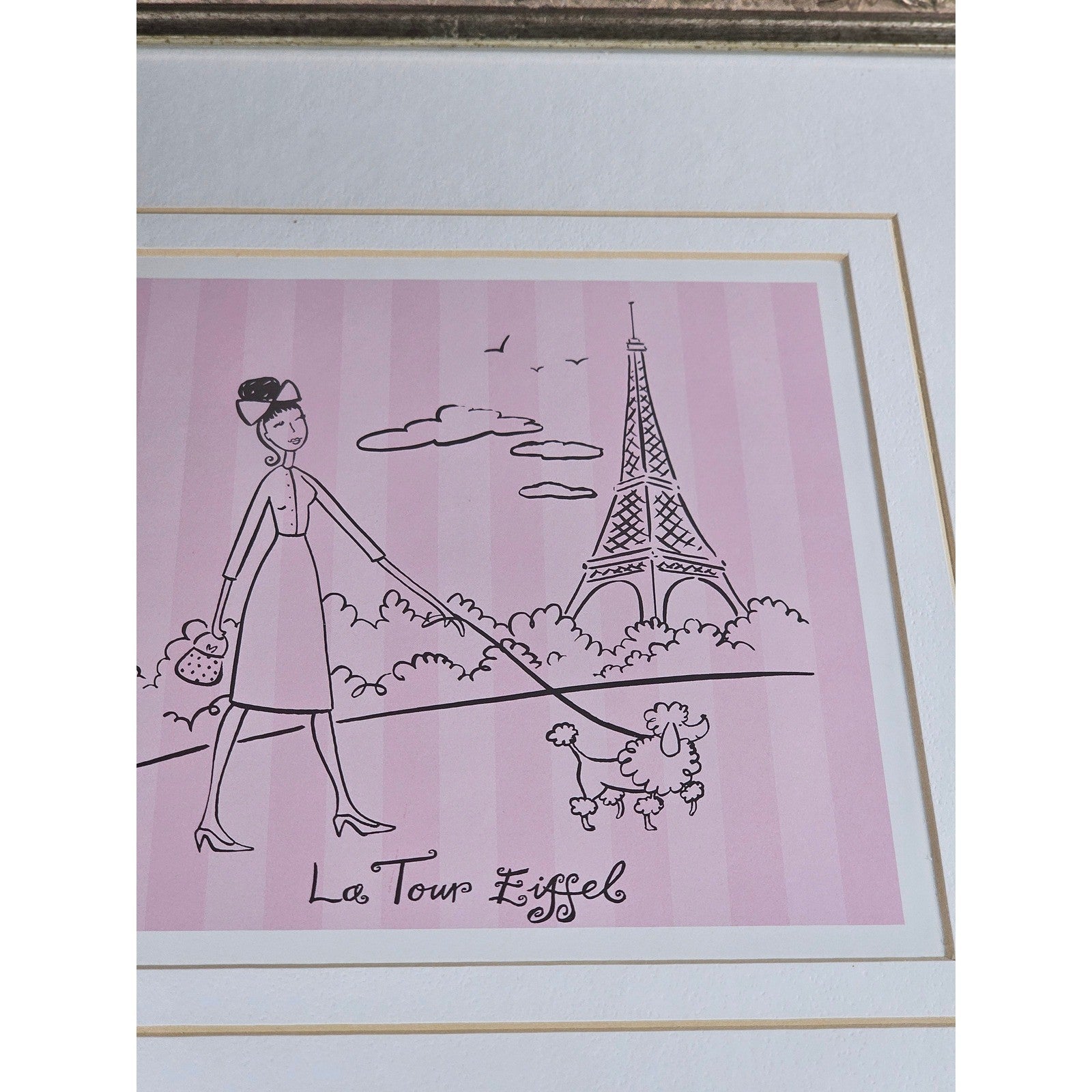 Vintage Paris Eiffel Tower Art Print Framed 13x13 French Poodle Illustration