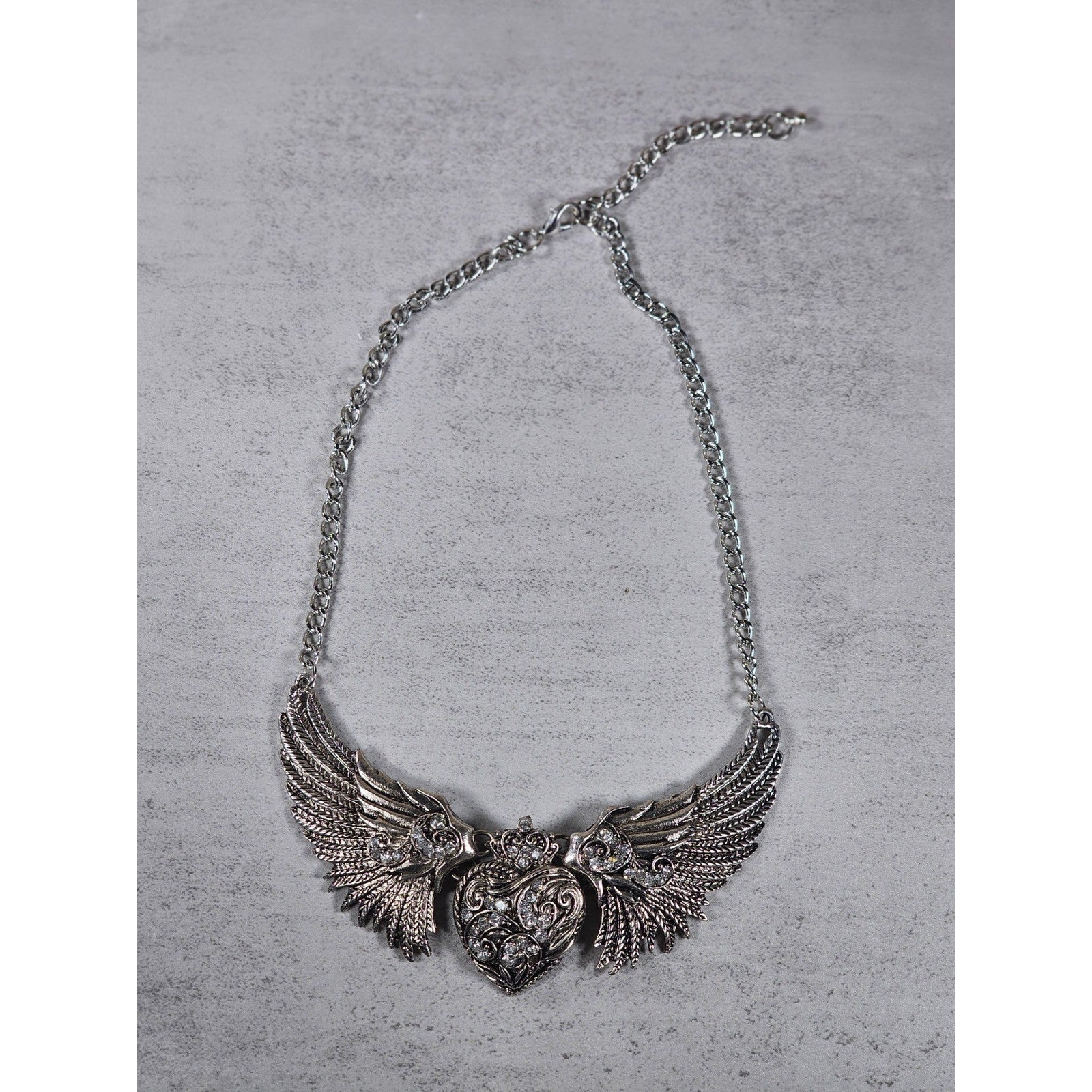 Vintage Winged Heart Rhinestone Necklace Silver Tone Statement